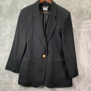 Wool Black Single Button Blazer Jacket Women's 10 Gold Button Old Money Classic
